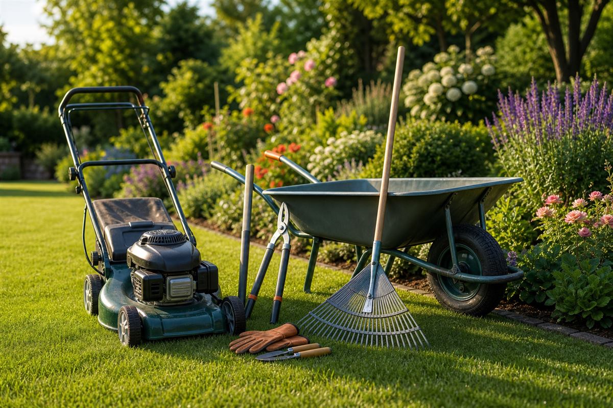 Professional gardening tools on a freshly mown lawn